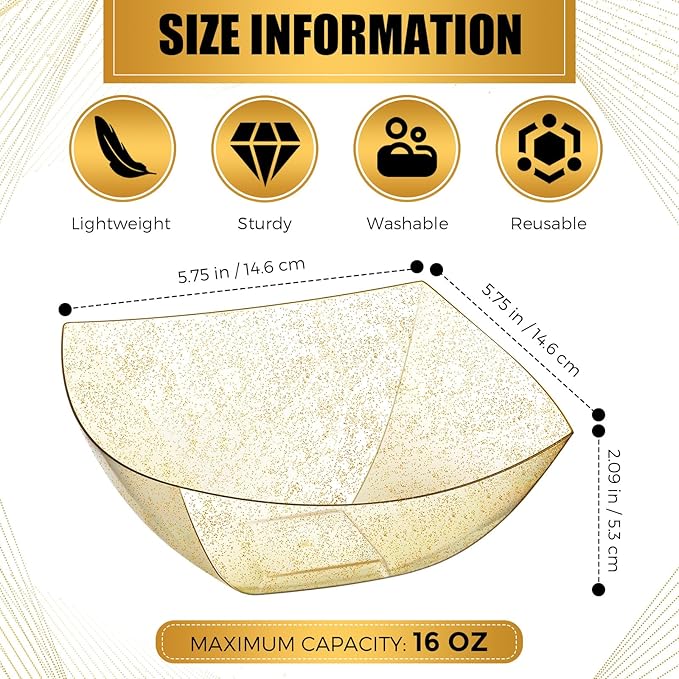 Sliner 100 Pcs Square Plastic Bowls Plastic Serving Bowls Disposable Chip Containers for Parties Snack Fruit Candy Containers for Candy Buffet Salad Bar Buffet Party Supplies(Gold Glitter,16 oz)