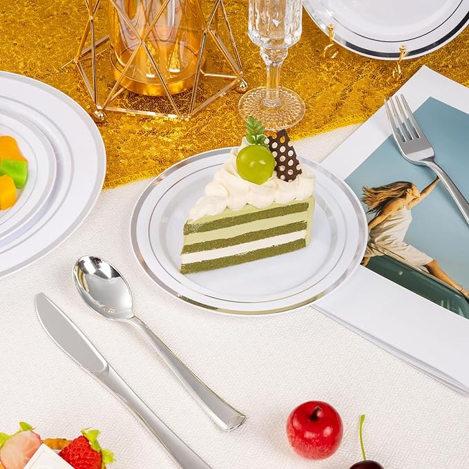 BESTSTAR 7 Inch White Plastic Plates,100PCS Disposable Dessert/Appetizer/Small Cake Plates with Silver Rim,Heavy Duty Plate Ideal for Christmas, Wedding and Birthday
