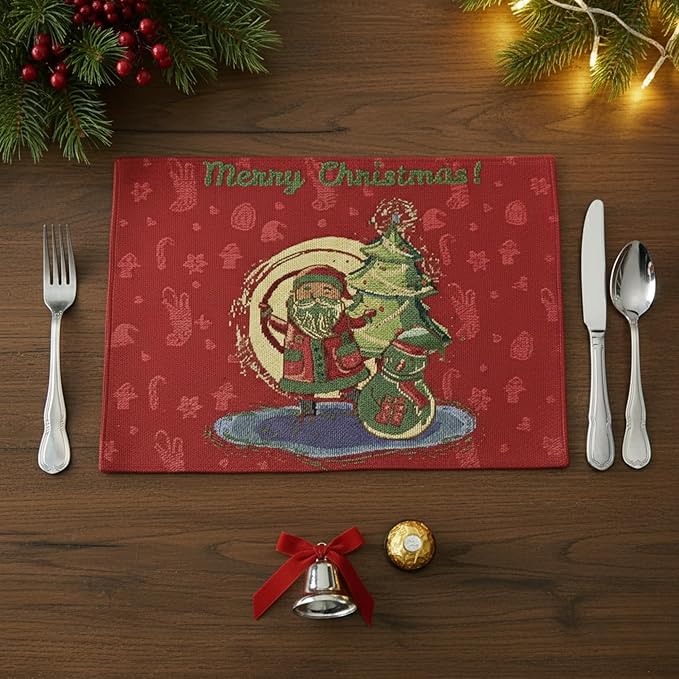 DaDalogy Red Merry Christmas Santa Claus Placemats Set of 4 Festive Winter Holiday Tapestry - Cotton Linen Wove Dining Room Table Mats - 13” x 19” (17615)