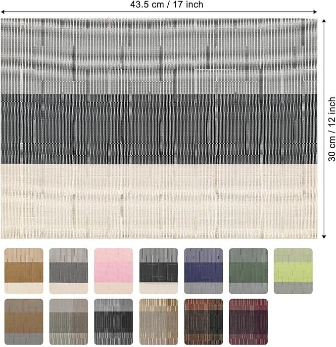 Placemats Set of 6, Vinyl Woven Place Mats Indoor Set of 6 Washable Wipeable PVC Table Mats Heat-Resistant Non Slip Plastic Placemat for Kitchen Dining Outdoor Table (Beige Black, Set of 6)