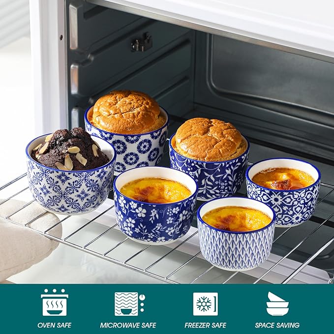 vancasso Selene 4 oz Mini Ceramic Ramekins Set of 6, Oven-Safe Baking Cups for Crème Brûlée, Soufflés, Desserts, Handcrafted Blue and White Patterns