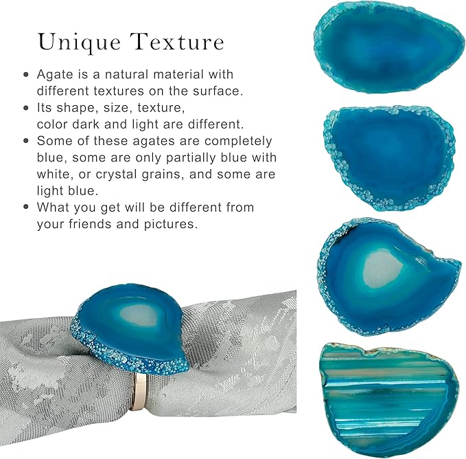 CozyTower Agate Napkin Rings Set of 4, Gold Napkin Holders for Cloth Napkins, Unique Wedding Decorations Napkin Ring Kitchen Accessories for Dinner Party (Blue Agate)