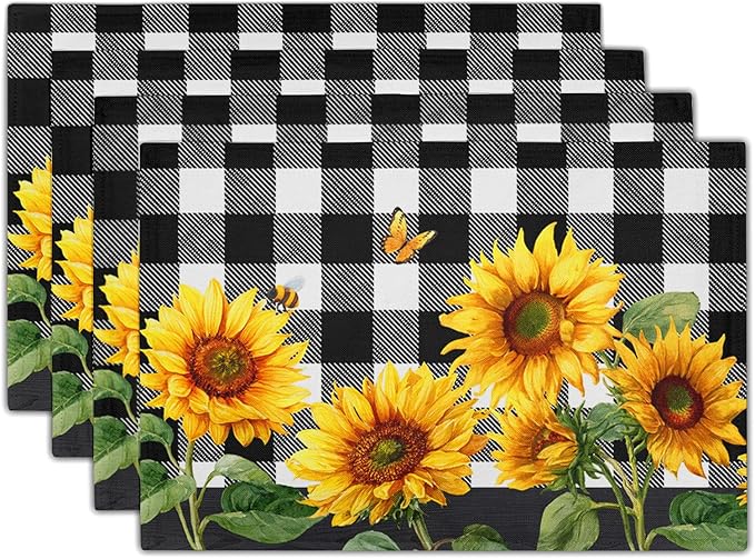 Sunflower Placemats Set of 4 - Buffalo Plaid Place Mats 12x18 Farmhouse Table Mats Spring Summer Kitchen Mats for Party Dining Table