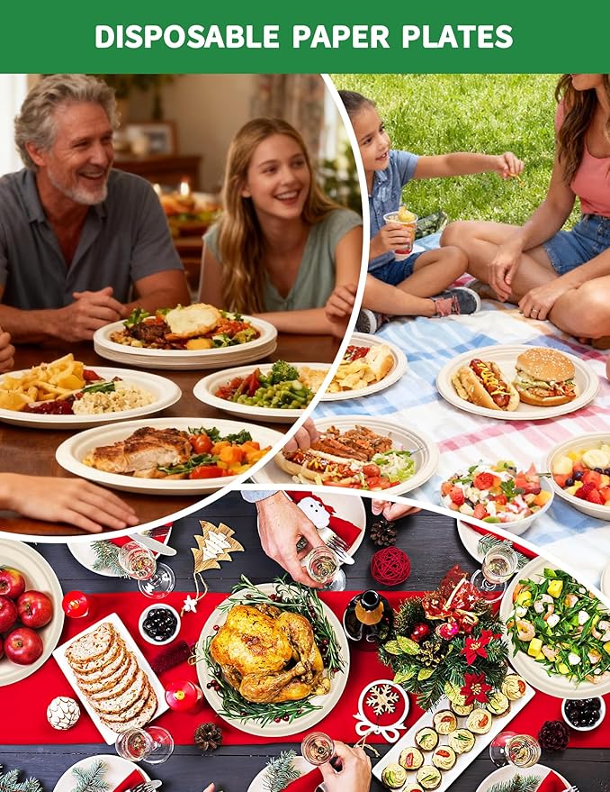 100% Compostable 10 Inch Large Paper Plates [100 Pack Bulk] - Heavy Duty & Leak-Resistant Disposable Plates Made of Sugarcane Bagasse | Perfect for Dinner, Catering, Parties, Wedding & Birthday