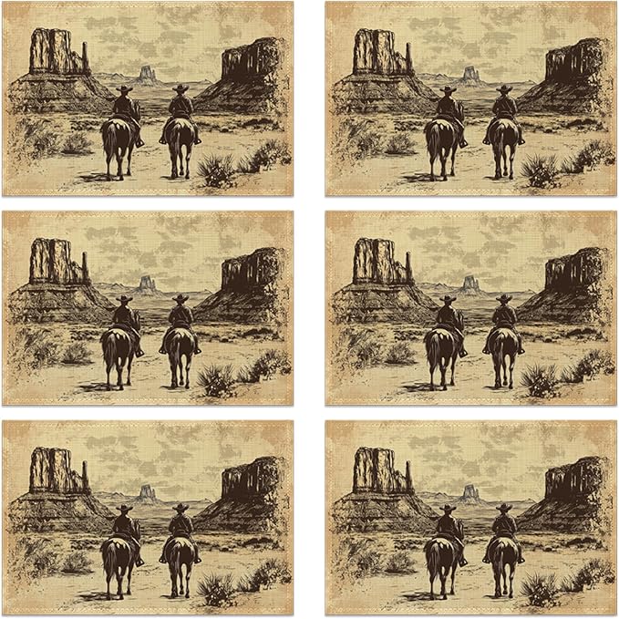 Vintage Western Cowboy 12x18 Inch Placemats Set of 6 - Waterproof, Non-Slip & Washable Table Mats for Kitchen & Dining Table Placemats