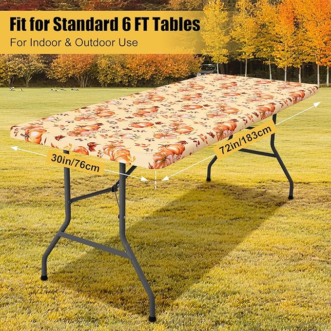 Smiry Rectangle Thanksgiving Table Cloth, Waterproof Elastic Fitted Tablecloths for 6 Foot Tables, Washable Polyester Table Cover for Autumn Harvest Parties (Pumpkin Leaf, 30"x72")