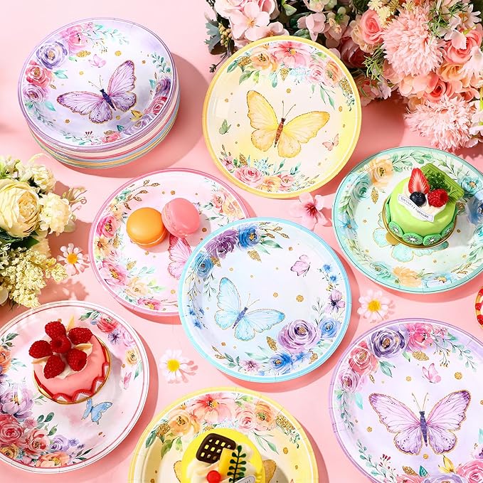60 Pcs 7 Inch Butterfly Birthday Party Plates Floral Paper Plates Spring Butterfly Party Disposable Dinnerware Decoration for Baby Shower Bridal Wedding Supplies