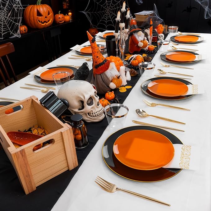 MirthMood 210PCS black and orange Plastic Plates,Black Disposable Plates –Plastic Plates Set Includes 30 Dinner,30 Dessert Plate,30 Cup&30 Napkins, 30 Gold Silverware for Wedding& Thanksgiving