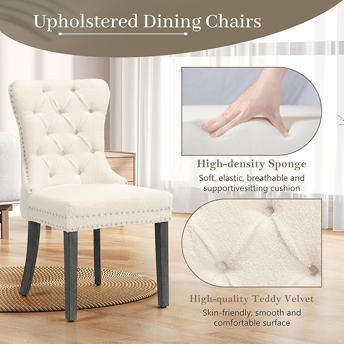 KCC Boucle Dining Chairs Set of 2, Upholstered High-end Tufted Dining Room Chair with Nailhead Back Ring Pull Trim Solid Wood Legs, Contemporary Nikki Collection Modern Style for Kitchen, Cream