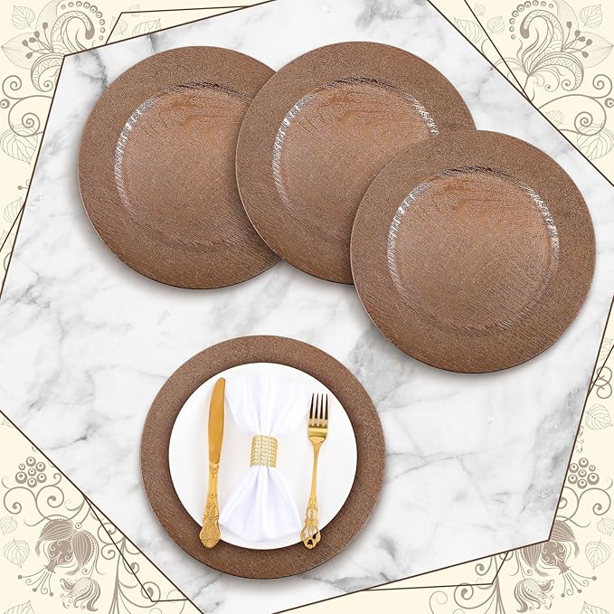 Mifoci 100 Pcs Faux Wooden Charger Plates 13 Inch Round Rustic Plastic Plates Antique Design Bulk Decorative Chargers for Dinner Tray for Wedding Dinner Table Farmhouse Party Event (Brown)