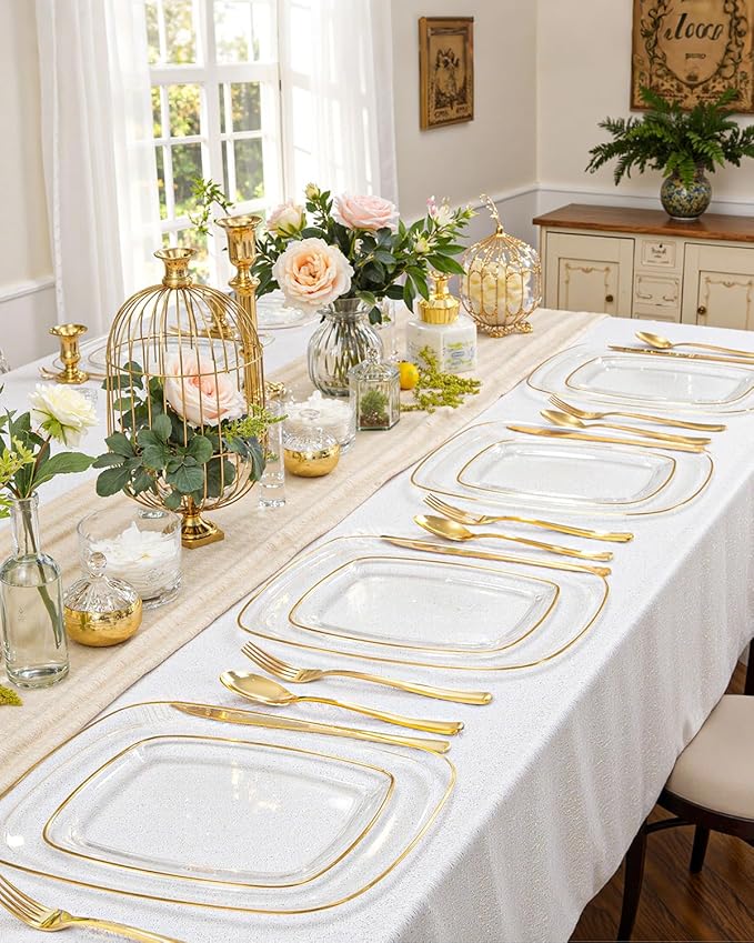 bUCLA 100PCS Clear and Gold Plastic Plates Disposable - Square Gold Heavy Duty - Include 50 Each (Dinner & Dessert) Plates for Party & Thanksgiving