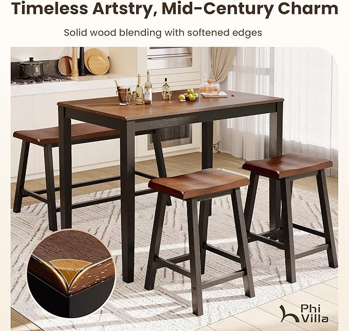 PHI VILLA Kitchen Table with Bench and Chairs, Counter Height Table and Chairs, Solid Wood Small Dining Table Set for 4, High Top Kitchen Table Chairs Set of 4, Walnut with Black