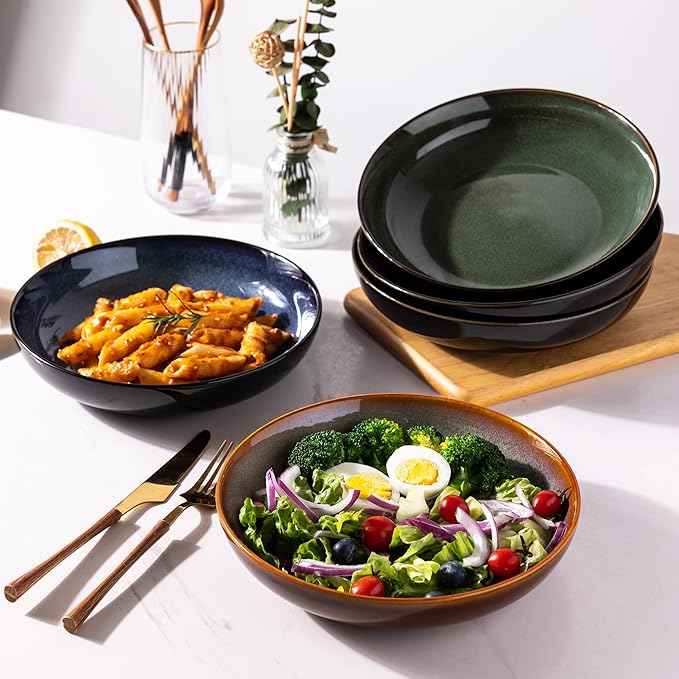 LERATIO Large Pasta Bowls,38oz Ceramic Pasta Bowls,9.0" Reactive Glaze Pasta Bowl Set of 6,Microwave & Dishwasher,Oven Safe,Wide Serving Bowls for Salad,Pasta,Fruit,Scratch Resistant-Colorful