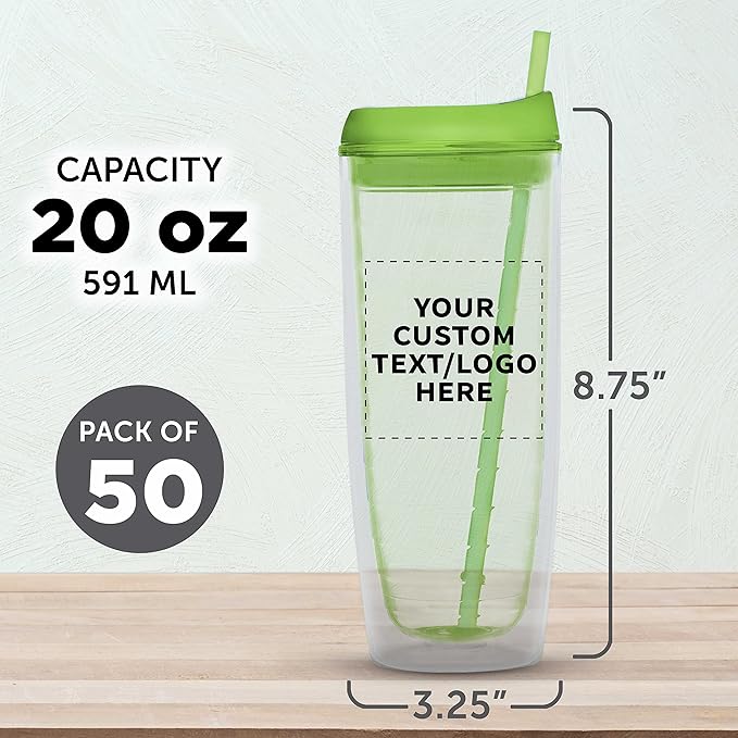 Custom Tall Orbit Acrylic Tumblers 20 oz. Set of 50, Personalized Bulk Pack - Perfect for Iced Coffee, Soda, Other Hot & Cold Beverages - Lime Green
