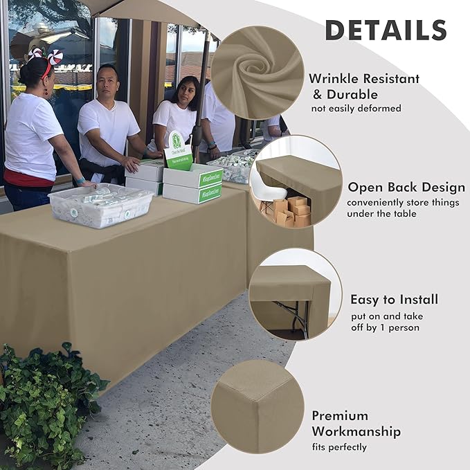 Nasitos 2 Pack Fitted Taupe Tablecloth for 4 Foot Tables - Open Back Folding Table Cover Washable Fabric Tablecloths for Trade Show, Craft Show, Events, Vendor Booth
