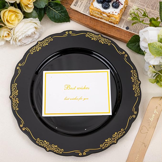 DaYammi 60PCS Black and Gold Plastic Plates, Heavy Duty Black and Gold Disposable Plates Premium 10inch Dinner Plate Hard Plastic Plate Disposable for Party and Wedding