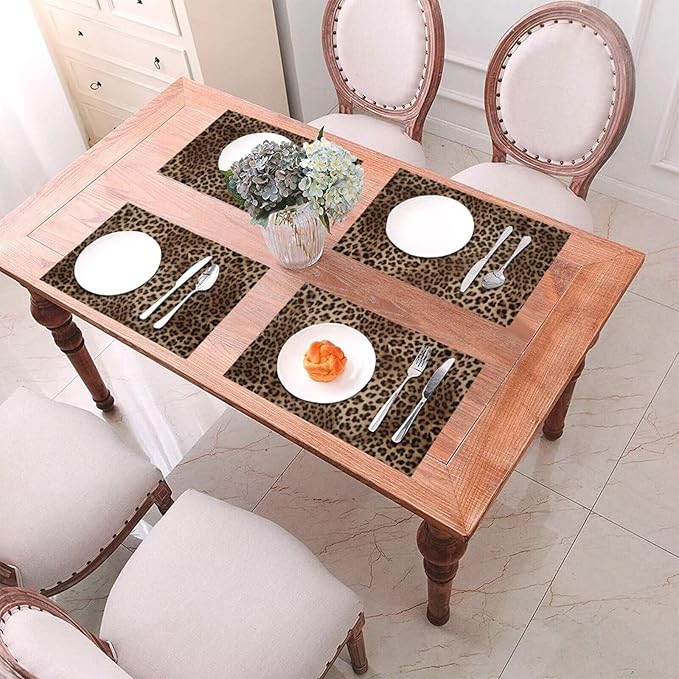 Brown Leopard Placemats Set of 6 Black Cheetah Skin Wild Animal Print Wipeable Table Mats Reusable Washable PVC Rectangle Place Mats for Kitchen Dining Home Decor 12x18 Inches