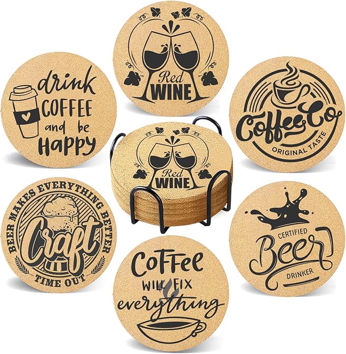 Coasters for Drinks with Holder Set of 6, Coffee Pattern Cork Coaster Absorbent for Desk Office Cup Table Coasters Kitchen Decor House Warming Gifts for New Home Couples, Round 4"