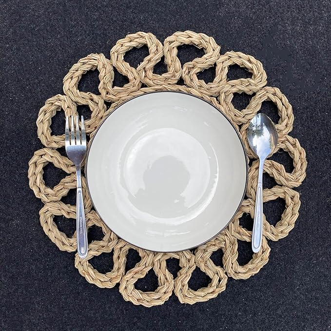 13.8" Set of 12 Round Seagrass Placemats | Boho Woven Rattan Table Mats | Farmhouse Wicker Spring Plate Chargers Like Water Hyacinth, Seagrass for Wedding, Party, Christmas, Events
