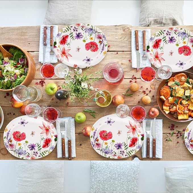 Grencian 50Pcs Floral Oval Paper Plates 10" X 12" Large Disposable Wildflower Plates Heavy Duty Watercolor Flower Platters for Spring Birthday Picnic Wedding Bridal Baby Shower Tea Party Supplies
