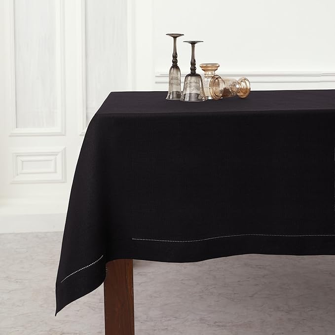 Solino Home Black Linen Tablecloth 52 x 52 Inch - 100% Pure Linen Square Table Throw - Classic Hemstitch, Machine Washable Table Cloth for Winter, Spring, Easter
