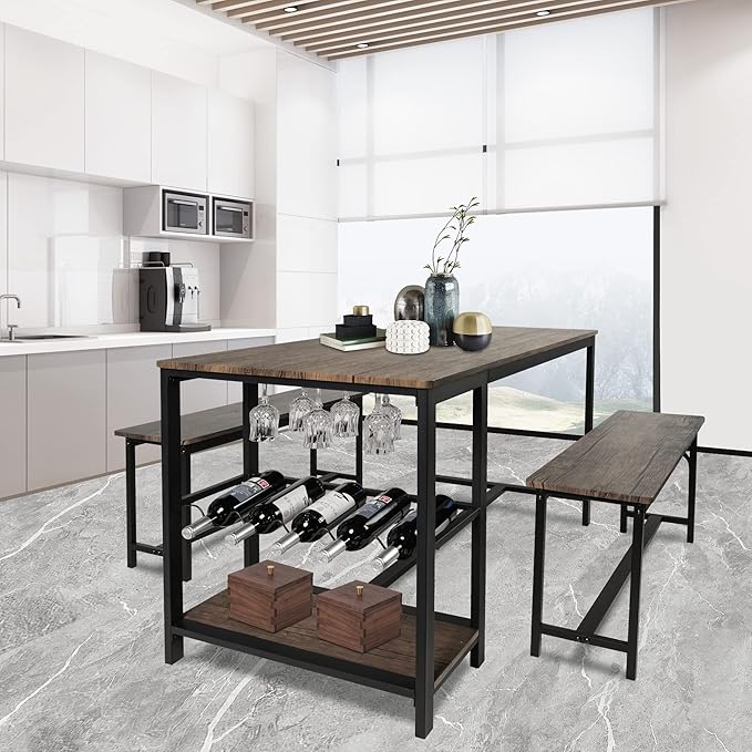3 Piece Rustic Brown Rectangular Dining Table Set with Bench, 55''L x 25.2''W, Mid Century Modern Dining Set for Small Spaces, Compact with Storage Shelf Rack, Wine Rack