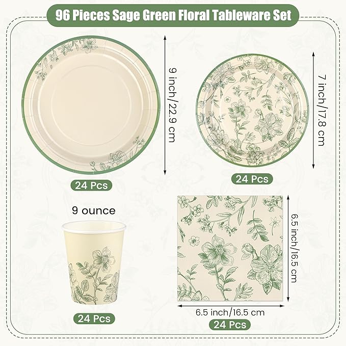 Kochorie 96 Pieces Sage Green Floral Party Supplies Elegant Floral Disposable Tableware Set Includes 9 Inch and 7 Inch Paper Plates, Cups, Napkins Serves 24 Guests for Birthday Baby Shower Wedding