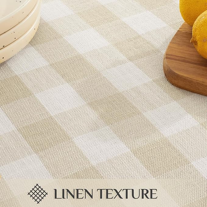 Softalker Checkered Tablecloth Square, Outdoor Linen Cotton Gingham Table Cloth with Tassel, Heavy Duty Wrinkle Free Buffalo Plaid Table Cover for Kitchen Dining Home Party - 55 x 55 Inch, Beige