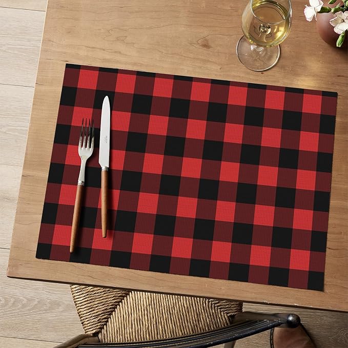 Artoid Mode Buffalo Plaid Vinyl Placemats Set of 4, 12x18 Inch Washable Non-Slip Heat Resistant Plastic Place Mats for Party Dining Table, Black/Red