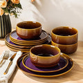 TheTerra Ceramic Dinnerware Sets for 4, 12 Pieces Handmade Reactive Glaze Plates and Bowls Set, Scratch Resistant Dish Set, Oven & Microwave & Dishwasher Safe, Amber Amethyst