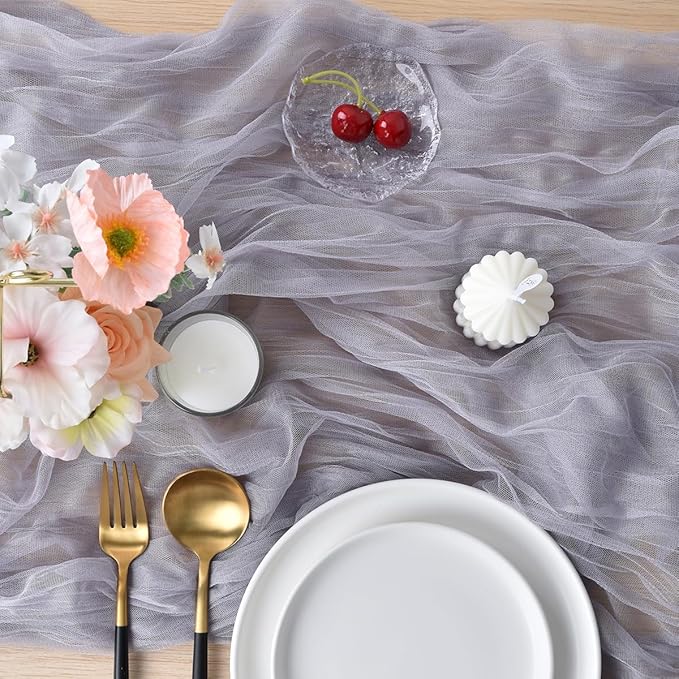 Joanlody Light Gray Cheesecloth Table Runner Spring Easter 10Ft Rustic Gauze Boho Cheese Cloth Table Runner for Wedding Bridal Baby Shower Decoration