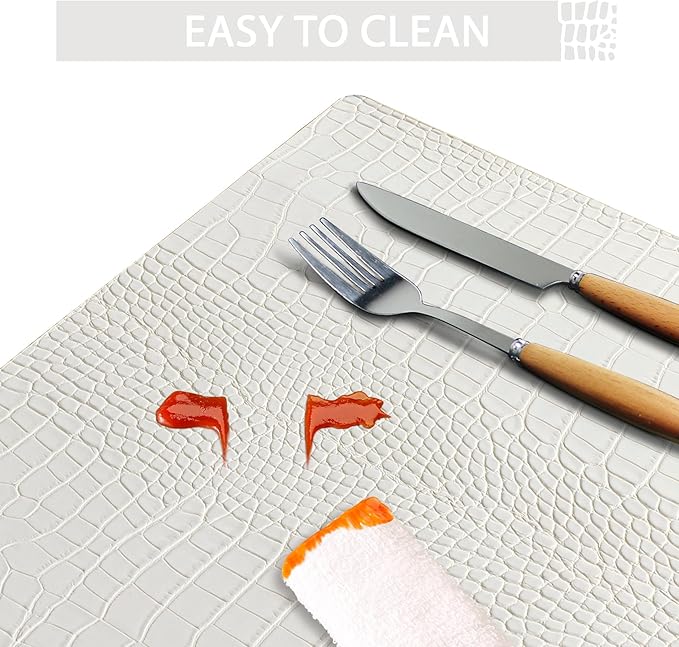 Jovono Faux Leather Placemats Set of 4,Waterproof & Heat Resistant Dinner Place Mats for Dining Table, Non-Slip Crocodile Embossed, White (17.8x11.8 Inch)