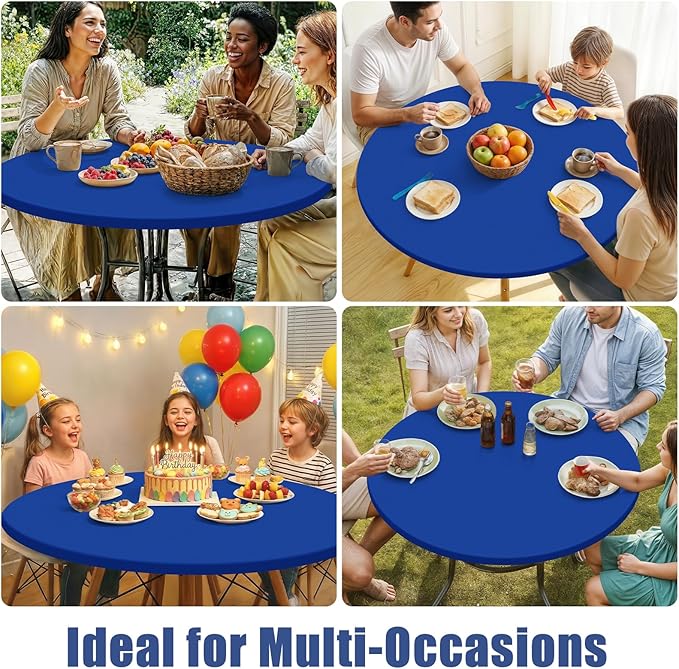 Round Spandex Tablecloth 2 Pack, Elastic Fitted Waterproof Tablecloths for 57"-68" Tables, Stretch Washable Picnic Table Cover for Camping, Dining, Indoor and Outdoor, Blue