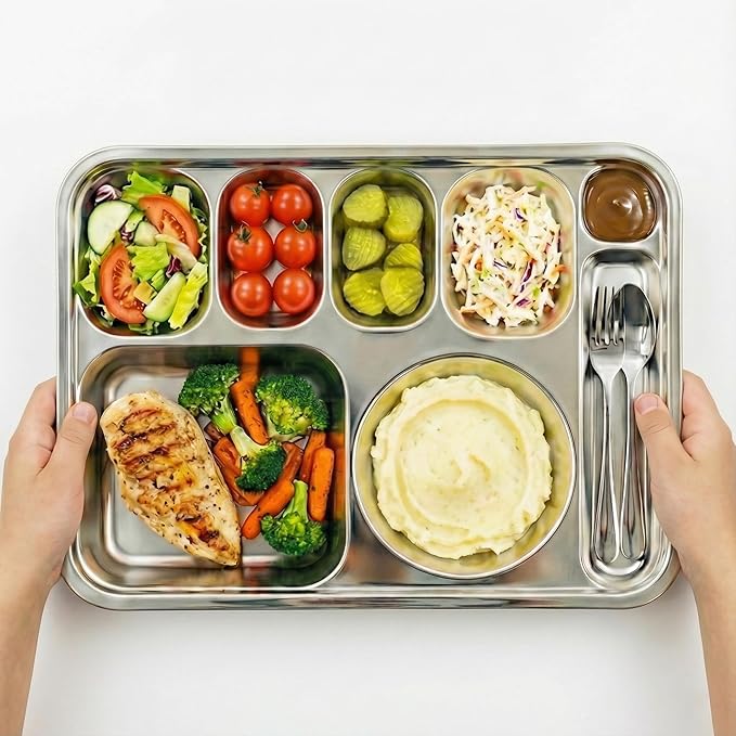 Korean Stainless Steel Divided Plates with Cutlery Slot for Adults, Premium 304, Electro-Polished, No Black Residue, BPA-Free, XL 8-Compartment Food Tray, Camping, Set of 2