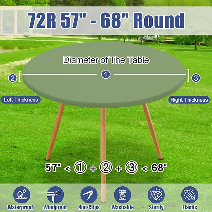 Round Spandex Tablecloth, Elastic Fitted Waterproof Tablecloths for 57"-68" Tables, Stretch Washable Picnic Table Cover for Camping, Dining, Indoor and Outdoor, Sage Green