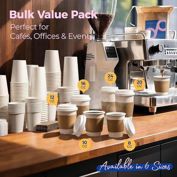 Fit Meal Prep 500 Pack 20 oz Disposable Coffee Cups with Lids, Sleeves, Leak-Proof To Go Coffee Cups with Lids, Durable Hot Paper Cups for Home, Office, Party, Business