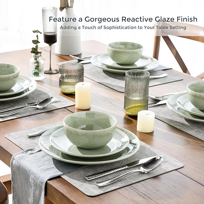 AmorArc Ceramic Dinnerware Sets for 6, 18 Pieces Handpainted Plates and Bowls Set, Scratch Resistant Stoneware Dishes Set, Dishwasher & Microwave Safe, Olive Green