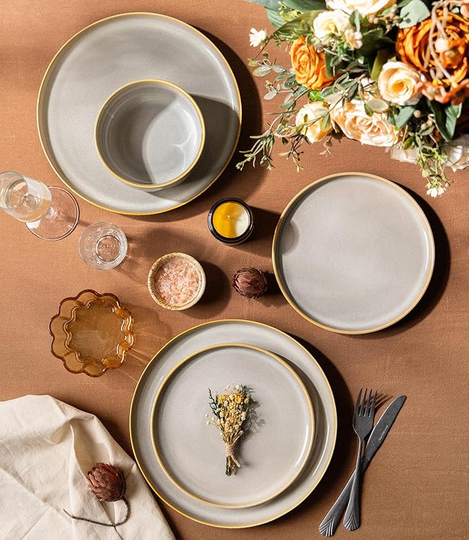 TheTerra Ceramic Dinnerware Sets for 4, 12 Pieces Handmade Reactive Glaze Plates and Bowls Set, Scratch Resistant Dish Set, Oven & Microwave & Dishwasher Safe, Autumn Haze