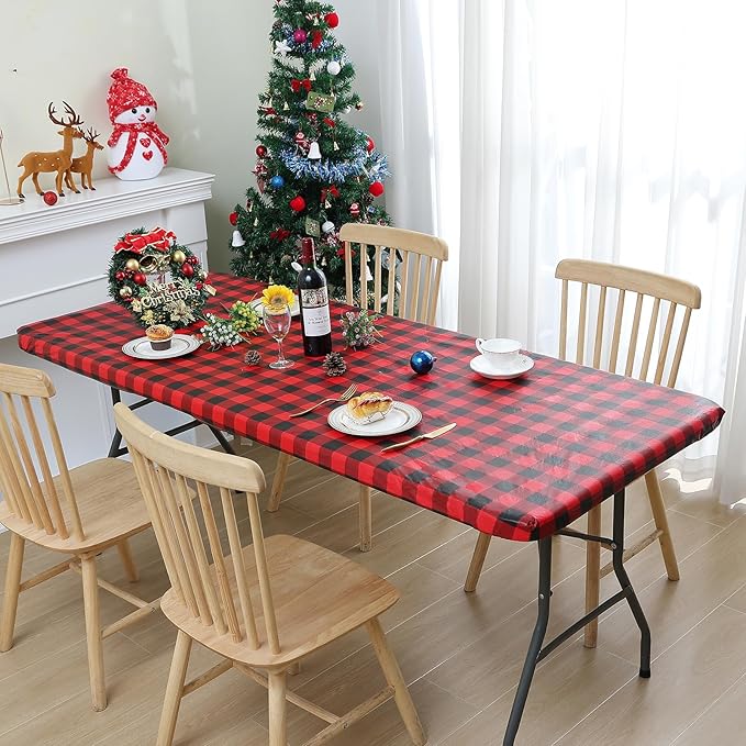 Smiry Rectangle Picnic Table Cloth, Elastic Waterproof Fitted Vinyl Tablecloths, Flannel Backed Buffalo Plaid Table Covers for Dining, Camping, Outdoor (Black and Red, 30" x 72")