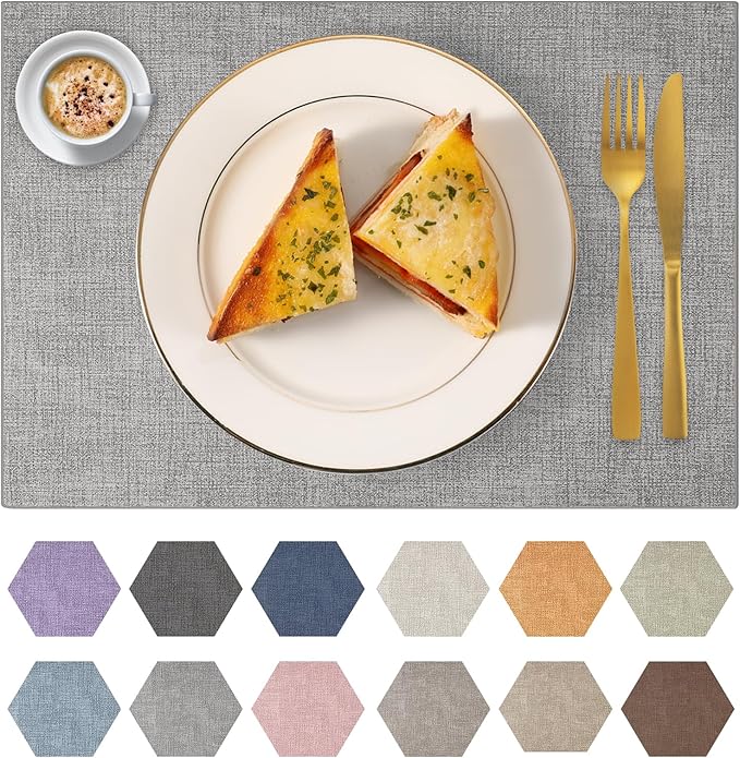 Faux Leather Placemats Set of 6 Washable Artificial Leather Table mats for Kitchen Table - Heat Resistant, Waterproof, Easy Clean, Anti Slip 11.8" x 17" (Light Grey-6 Pack)