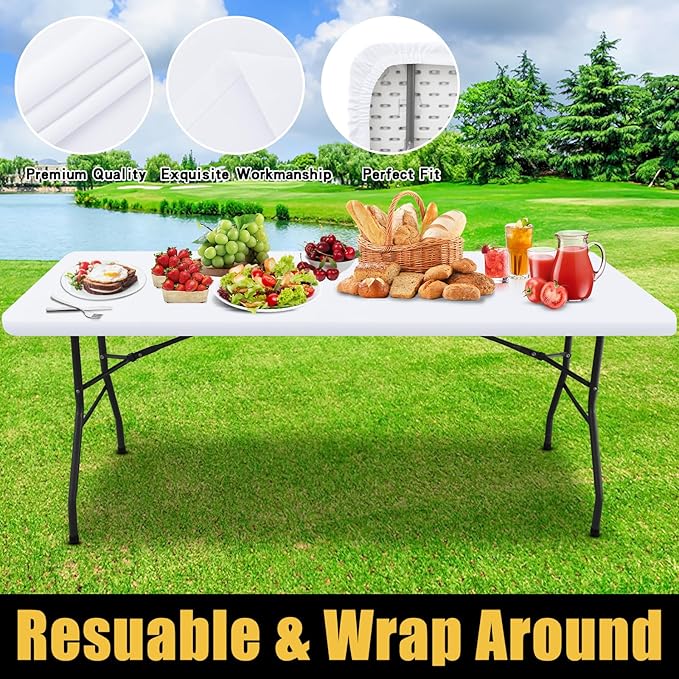 Smiry Rectangle Picnic Table Cloth, Waterproof Elastic Fitted Tablecloths for 6 Foot Tables, Washable Polyester Table Cover for Camping, Indoor and Outdoor (White, 36"x72")