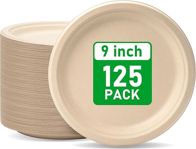 RACETOP Compostable Paper Plates 9 Inch [125 Pack], Disposable Biodegradable Heavy Duty Paper Plates, Made of Natural Sugarcane Fibers, Unbleached Brown, Round