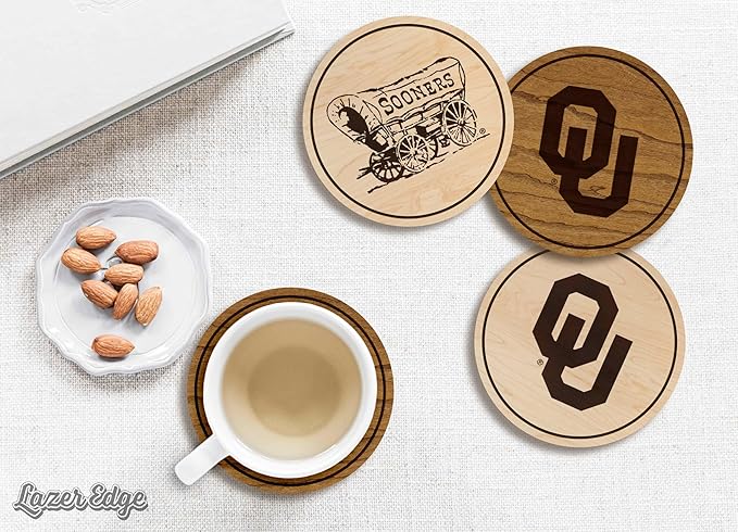 LazerEdge Oklahoma Sooners Wooden Coaster Set - Maple Wood - Officially Licensed Product - 4-Pack