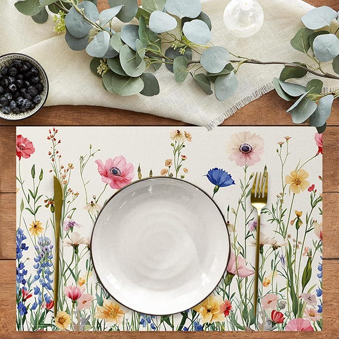 AOFOTO Floral Placemats Set of 4 Colorful Wild Flower Plants Printed Place Mats Artistic Rectangular Modern Table Mats for Home Kitchen Restaurant Party Dining Table Decor 12x18 Inch