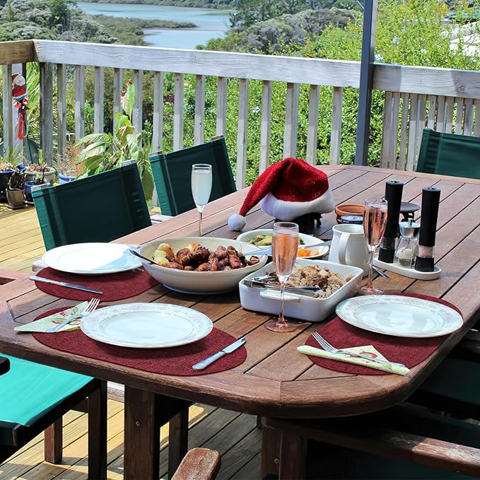 Placemats for Dining Table Set of 8 Non-Slip, Heat Resistant Oval Leather Placemat Double Layer, Waterproof Table Mats Easy to Clean for Kitchen Dining Room Coffee Office Table, Wine Red