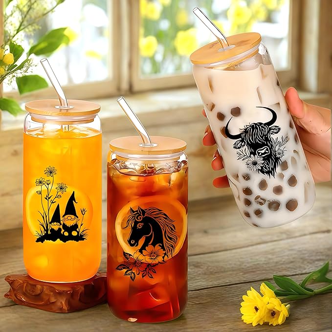 Cute Gnomes Glass Cup With Lids And Straws, Gnomes Gift For Women, Iced, Coffee, Smoothie, Cocktail, Beer, Whiskey, Soda, Matcha,16 Oz, Home Office Table Desk Decoration!