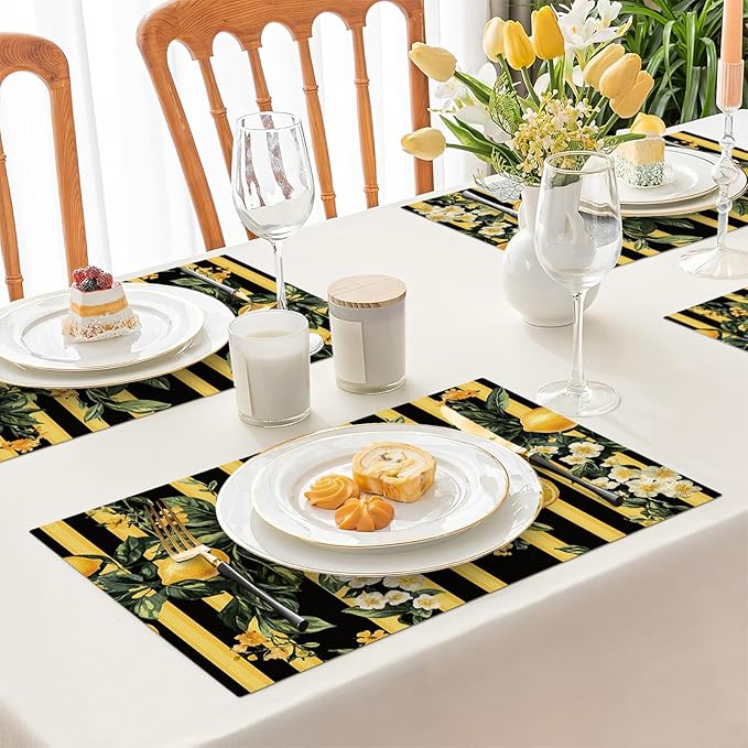Lemon Placemats Set of 4, Yellow Lemon Place Mats, Fruit Waterproof Washable Table Mats for Home Party Indoor Kitchen Dining Table Decoration 12x18 Inch