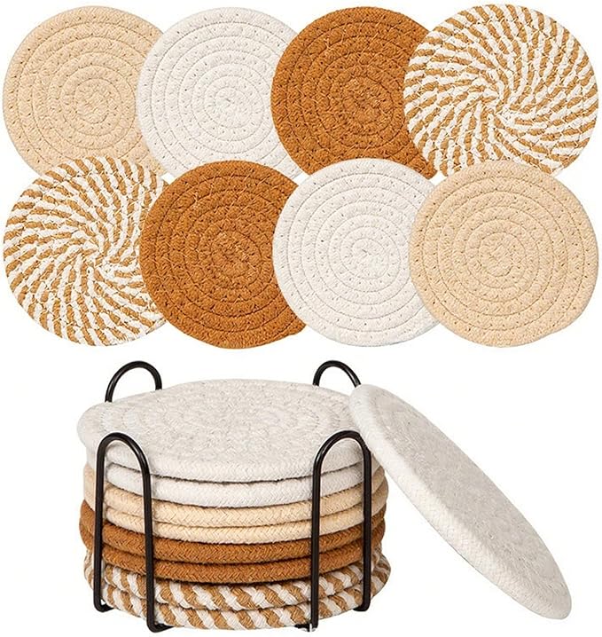 8 Pcs Drink Coasters with Holder, Handwoven Cotton Coasters Set Stackable Absorbent Minimalist Home Decor for Table, Cup, Mug (Brown and White)