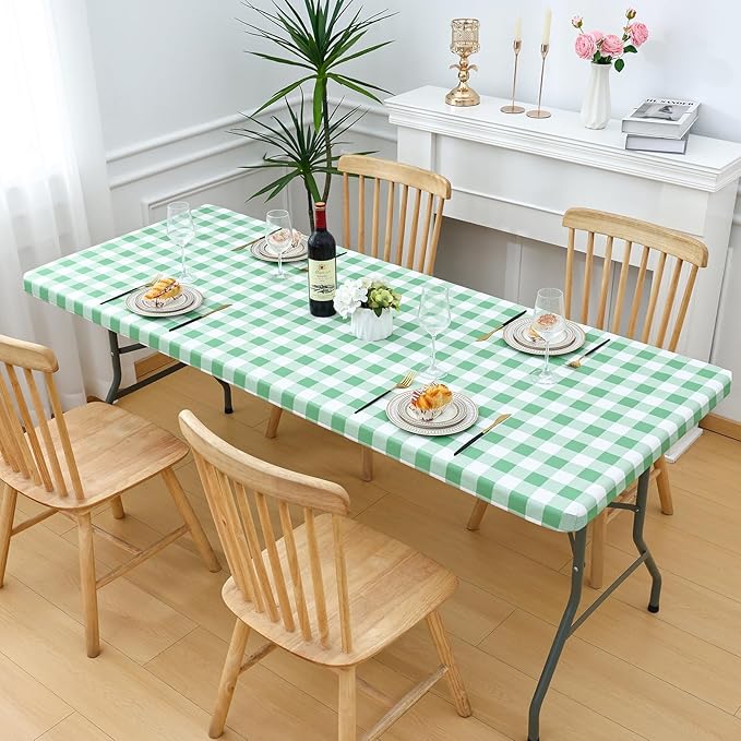 Smiry Rectangle Picnic Table Cloth, Elastic Waterproof Fitted Vinyl Tablecloths, Flannel Backed Buffalo Plaid Table Covers for Dining, Camping, Outdoor (Sage Green and White, 24" x 48")