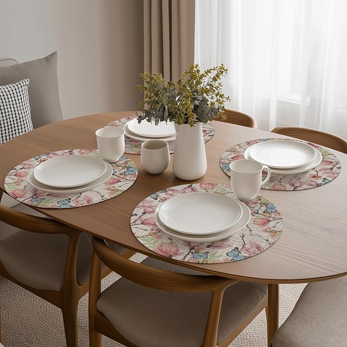 Artoid Mode Birds Flower Butterfly Round Placemats Set of 4, 15 Inch Plastic Woven Wipeable Non-Slip PVC Table Mats for Party Kitchen Dining Decor
